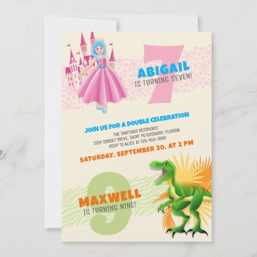 プリンセス恐竜ジョイント二重誕生日招待状 招待状 (正面)