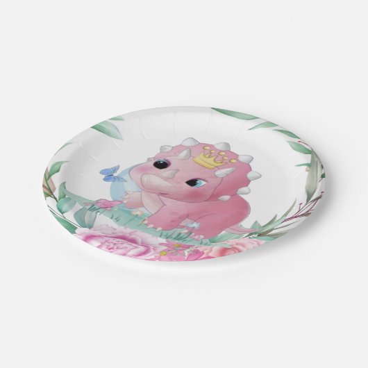 プリンセス恐竜ピンク牡丹ベビーシャワー ペーパープレート (アングル)