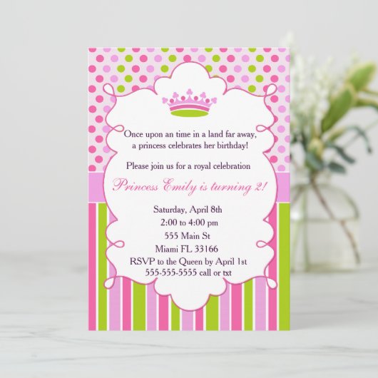 プリンセス招待状ガールバースデーパーティーグリーンピンク 招待状 (スタンド正面)