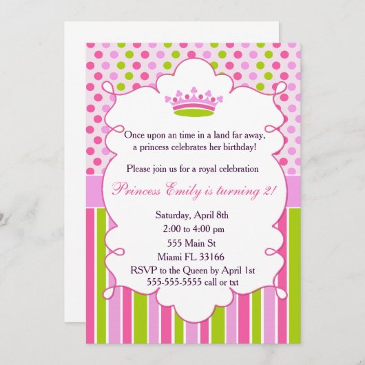 プリンセス招待状ガールバースデーパーティーグリーンピンク 招待状 (正面/裏面)