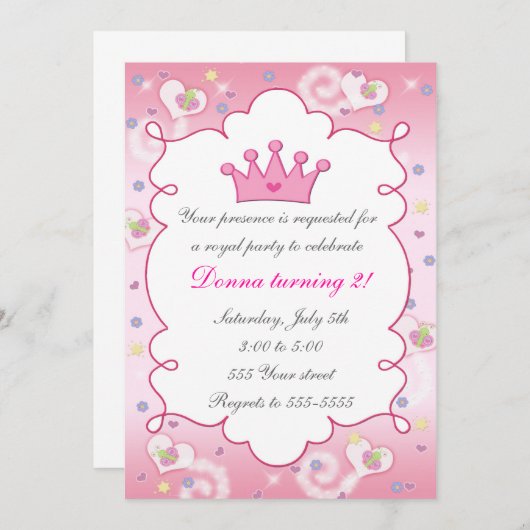 プリンセス招待状ガールバースデーパーティーバタフライ 招待状 (正面/裏面)