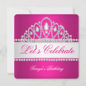 プリンセス明るい赤紫色ホワイトダイヤモンドティアラ誕生日 招待状 (正面)