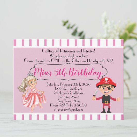 プリンセス海賊テーマ誕生日パーティーの招待 招待状 (スタンド正面)