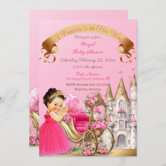 プリンセス王室のキャッスルキャリッジピンク金ゴールドガール 招待状 (正面/裏面)