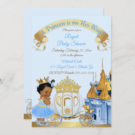 プリンセス王室のキャッスルキャリッジブルー金ゴールドガール 招待状 (正面/裏面)