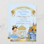 プリンセス王室のキャッスルキャリッジブルー金ゴールドガール 招待状 (正面/裏面)