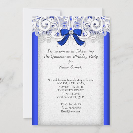 プリンセス王室のキンセアニェラブルー15誕生日 招待状 (裏面)