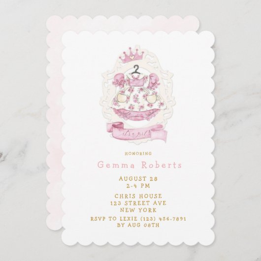 プリンセス王室のクラウンドレスベビーシャワー 招待状 (正面/裏面)