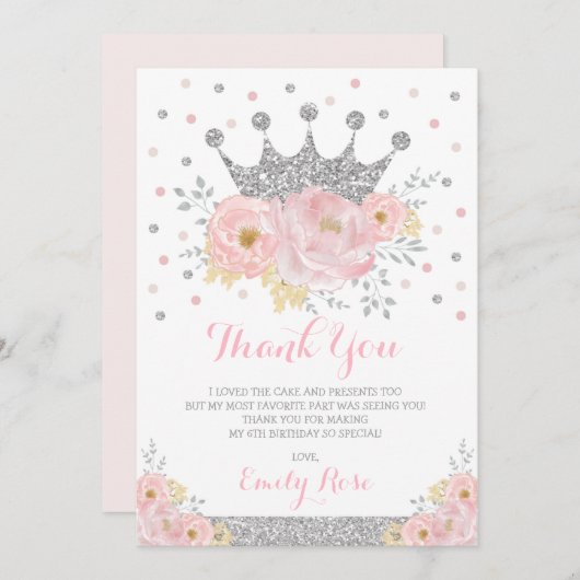 プリンセス王室のクラウン赤面ピンクシルバー誕生日 サンキューカード (正面/裏面)