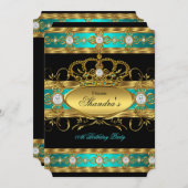 プリンセス王室のティール（緑がかった色）金ゴールドダイヤモンドクイーンクラウンパーティー 招待状 (正面/裏面)