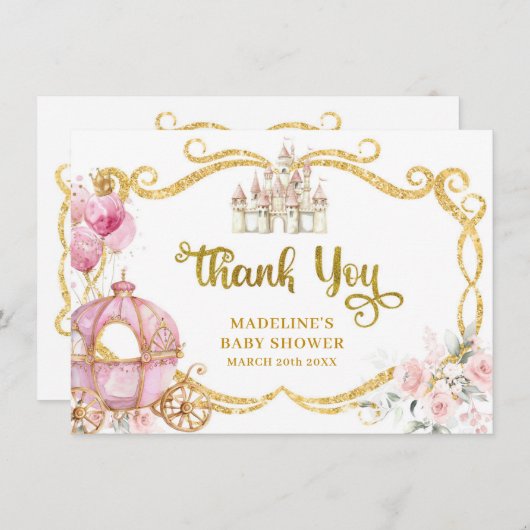プリンセス王室のピンクのキャリッジサンキューカード エンクロージャーカード (正面/裏面)