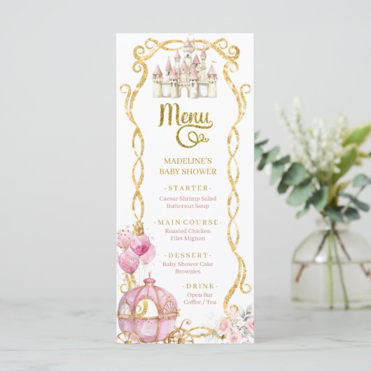 プリンセス王室のピンクのキャリッジ赤ちゃんシャワーメニュー メニュー (スタンド正面)