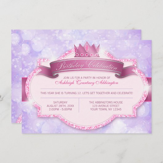 プリンセス王室のピンクグリッターガールズバースデーパーティー 招待状 (正面/裏面)