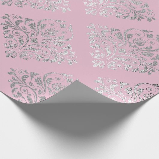 プリンセス王室のピンクシルバーダマスクシャイニー ラッピングペーパー (角)