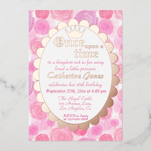 プリンセス王室のピンクローズ金ゴールドガール誕生日 箔招待状 (正面)