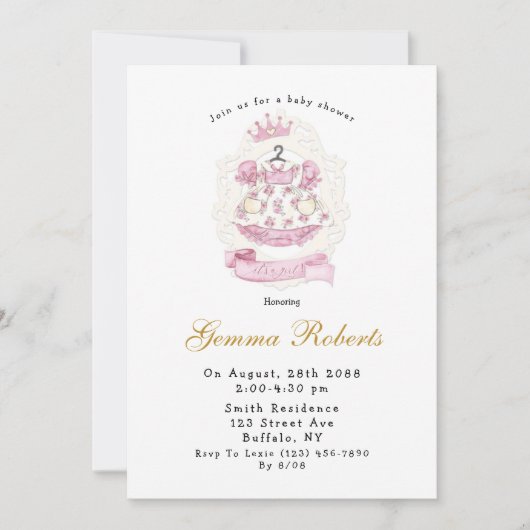 プリンセス王室のピンク女の子の赤ちゃんシャワー 招待状 (正面)