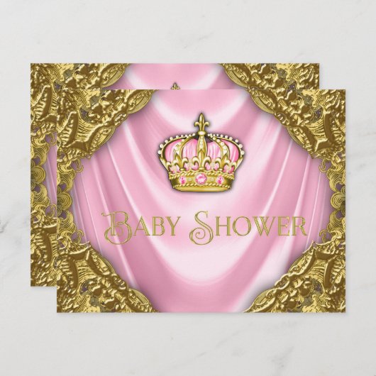 プリンセス王室のベビーシャワーピンクサテンと金ゴールド 招待状 (正面/裏面)