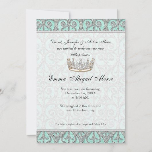 プリンセス王室の王冠ベビーガール誕生のお知らせ 案内状 (裏面)