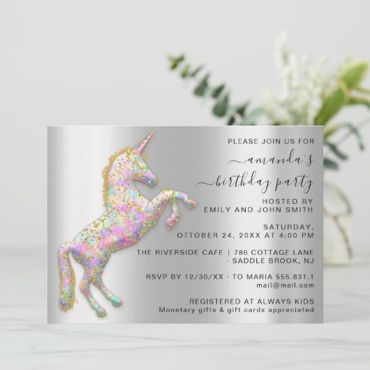 プリンセス王室の金ゴールドグリッターユニコーンピンクシルバー 招待状 (スタンド正面)