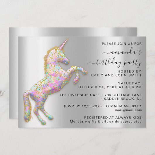 プリンセス王室の金ゴールドグリッターユニコーンピンクシルバー 招待状 (正面/裏面)