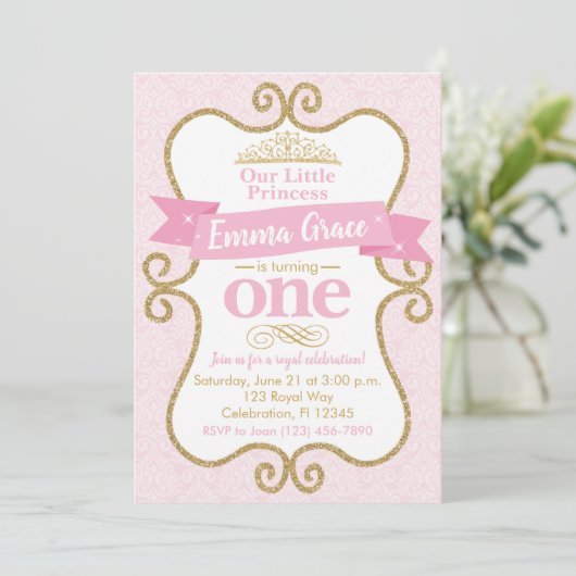 プリンセス第1誕生日ピンクと金ゴールドパーティー 招待状 (スタンド正面)