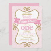 プリンセス第1誕生日ピンクと金ゴールドパーティー 招待状 (正面/裏面)