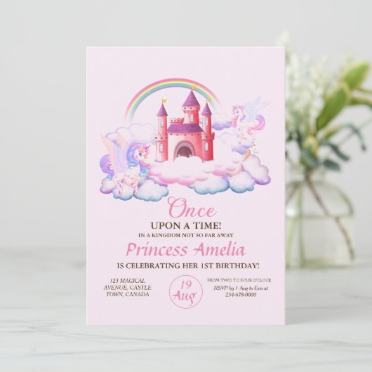 プリンセス第1誕生日ピンクキャッスルユニコーン1st 招待状 (スタンド正面)