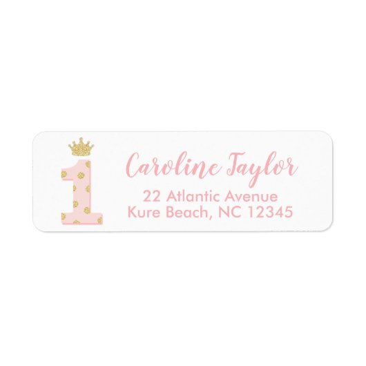 プリンセス第1誕生日ピンク金ゴールドグリッターアドレス ラベル (正面)