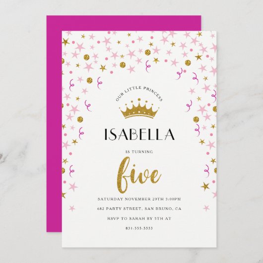 プリンセス第5誕生日 | 金ゴールド&ピンク紙吹雪 招待状 (正面/裏面)