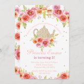 プリンセス茶パーティー誕生日フローラグリッター 招待状 (正面/裏面)