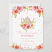 プリンセス茶パーティー誕生日フローラグリッター 招待状 (正面)