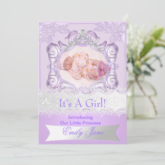 プリンセス薄紫新生児ガールアナウンスメントフォト 案内状 (スタンド正面)