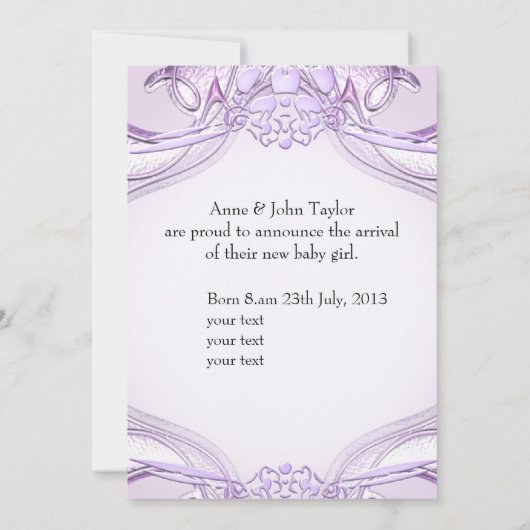 プリンセス薄紫新生児ガールアナウンスメントフォト 案内状 (裏面)