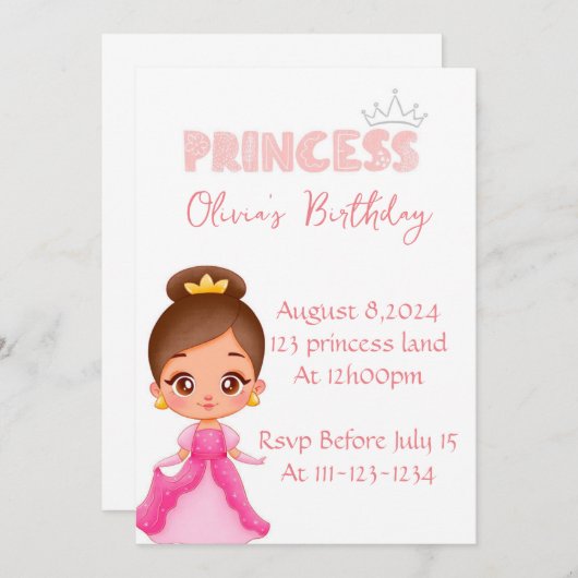 プリンセス誕生日パーティーのガールズ招待 招待状 (正面/裏面)