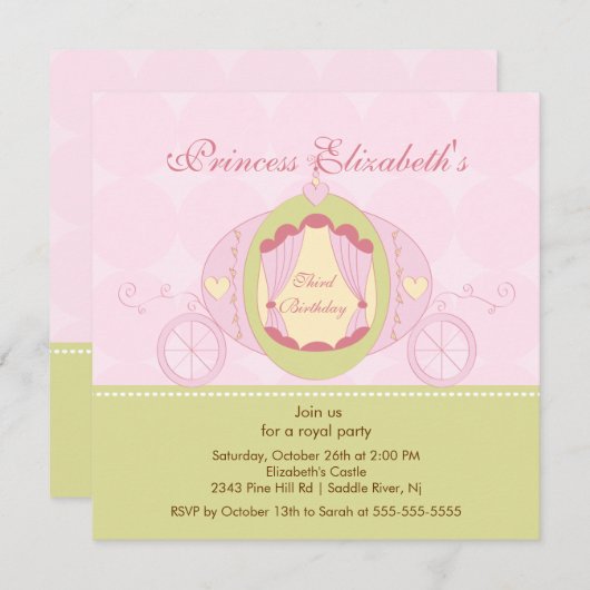 プリンセス誕生日パーティーの招待キュートキャリッジ 招待状 (正面/裏面)