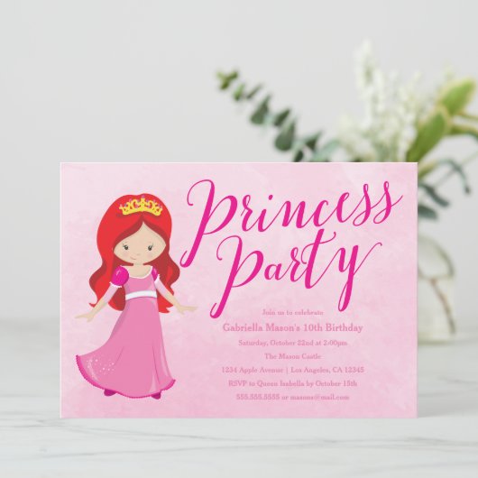 プリンセス誕生日パーティーの招待状 – Redhead/Pink 招待状 (スタンド正面)