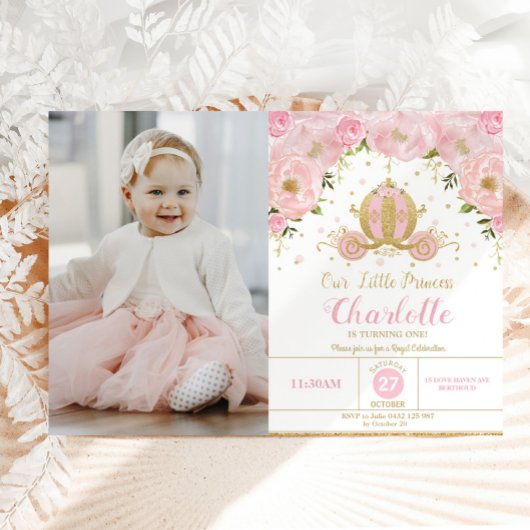 プリンセス誕生日パーティーキャリッジピンクフローラ写真 招待状