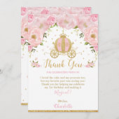 プリンセス誕生日パーティーキャリッジピンクフローラ金ゴールド サンキューカード (正面/裏面)