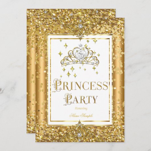 プリンセス誕生日パーティー金ゴールド紙吹雪ティアラ 招待状 (正面/裏面)
