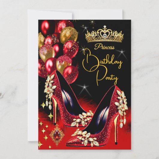 プリンセス誕生日レッドグリッターハイヒールクラウン 招待状 (正面)