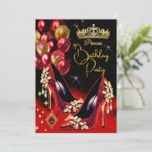 プリンセス誕生日レッドグリッターハイヒールクラウン 招待状