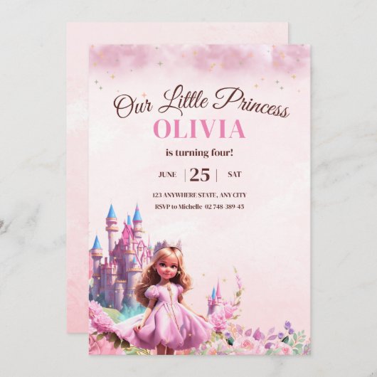 プリンセス誕生日招待状プリンセス城魔法 招待状 (正面/裏面)