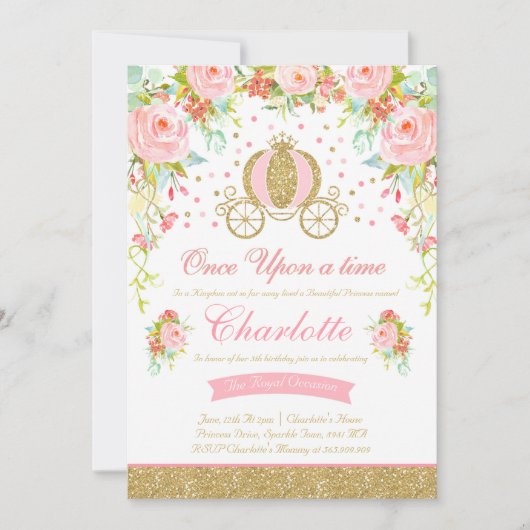 プリンセス誕生日招待状金ゴールドプリンセスパーティー 招待状 (正面)