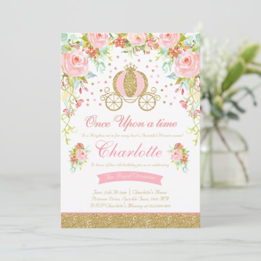 プリンセス誕生日招待状金ゴールドプリンセスパーティー 招待状 (スタンド正面)