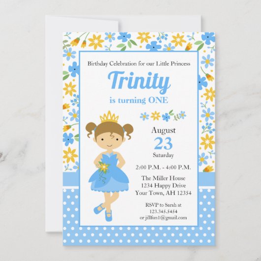 プリンセス誕生日招待状、プリンセスパーティー 招待状 (正面)