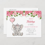 プリンセス象の子供の第1の誕生日ピンクのフローラ インビテーションポストカード (正面/裏面)
