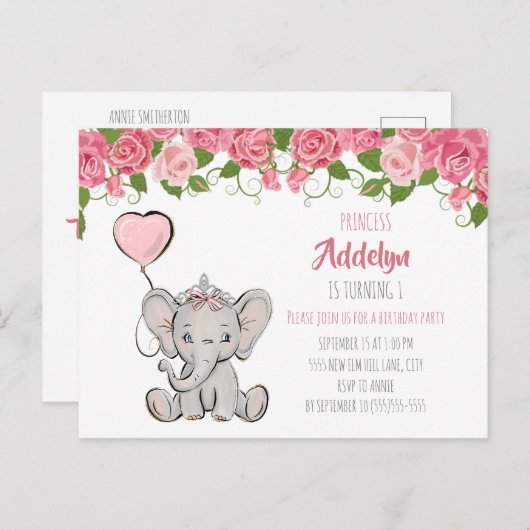 プリンセス象の子供の第1の誕生日ピンクのフローラ インビテーションポストカード (正面/裏面)