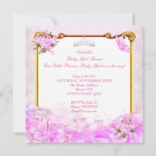 プリンセス赤ちゃんシャワーピンク金ゴールドキャリッジ民族 招待状 (裏面)