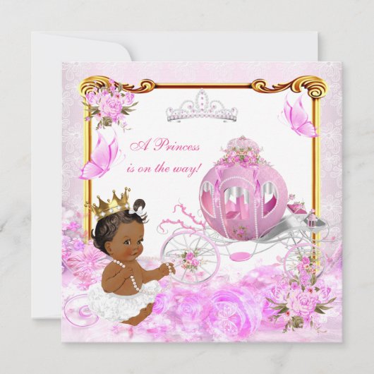 プリンセス赤ちゃんシャワーピンク金ゴールドキャリッジ民族 招待状 (正面)
