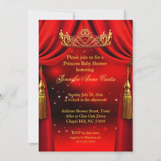 プリンセス赤エレガント金ゴールドかわいい赤ちゃんシャワー 招待状 (裏面)